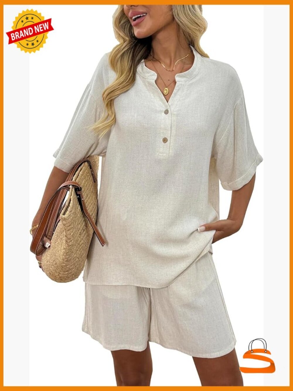 Women's 2 Piece Linen Short Set - Short Sleeve Button Down Shirt & Elastic
